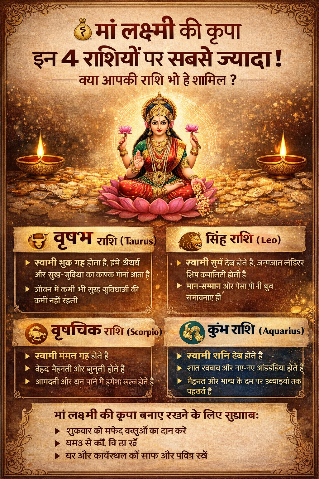 मां लक्ष्मी की कृपा इन 4 राशियों पर सबसे ज्यादा! क्या आपकी राशि भी है शामिल?